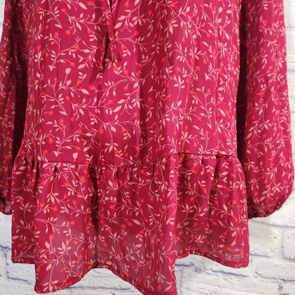 Old Navy Burgundy Floral Print Ruffled Hem Top L Lightweight Soft Flowy Tie Neck - Picture 2 of 6